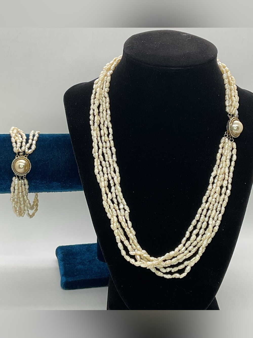Vintage Multi-Strand Rice Pearl Necklace and Bracelet Set